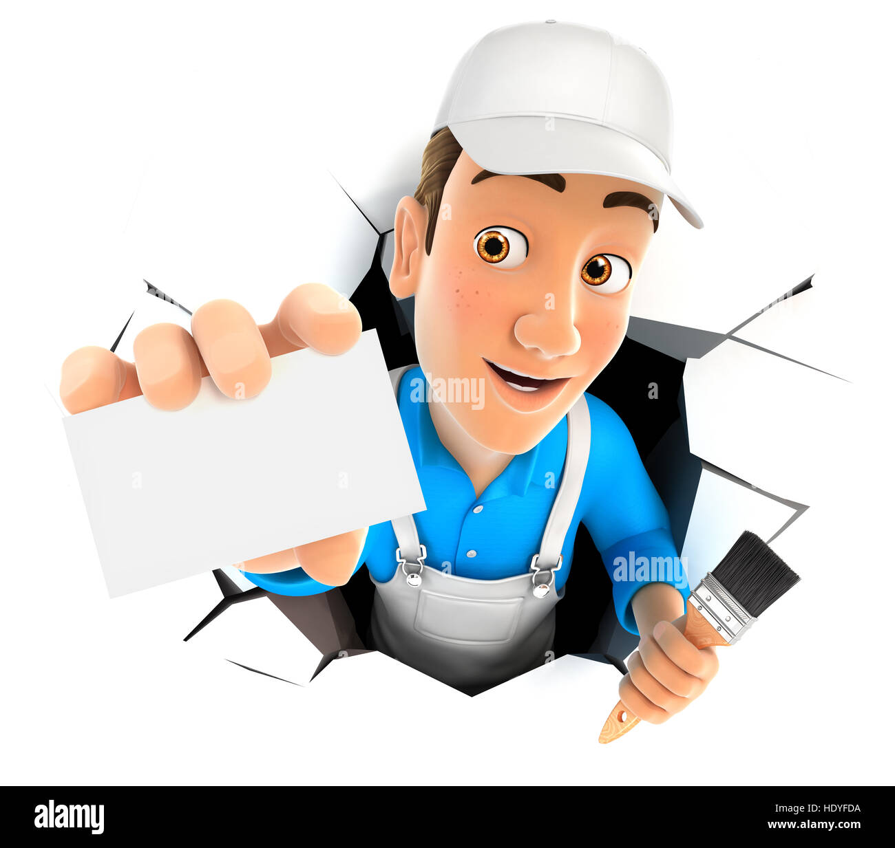 3d pittore che fuoriesce da una parete con scheda azienda, illustrazione isolato con sfondo bianco Foto Stock