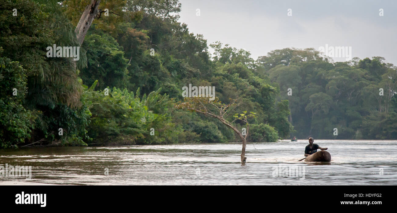 Pescatore in canoa sul fiume Moa, Sierra Leone Foto Stock