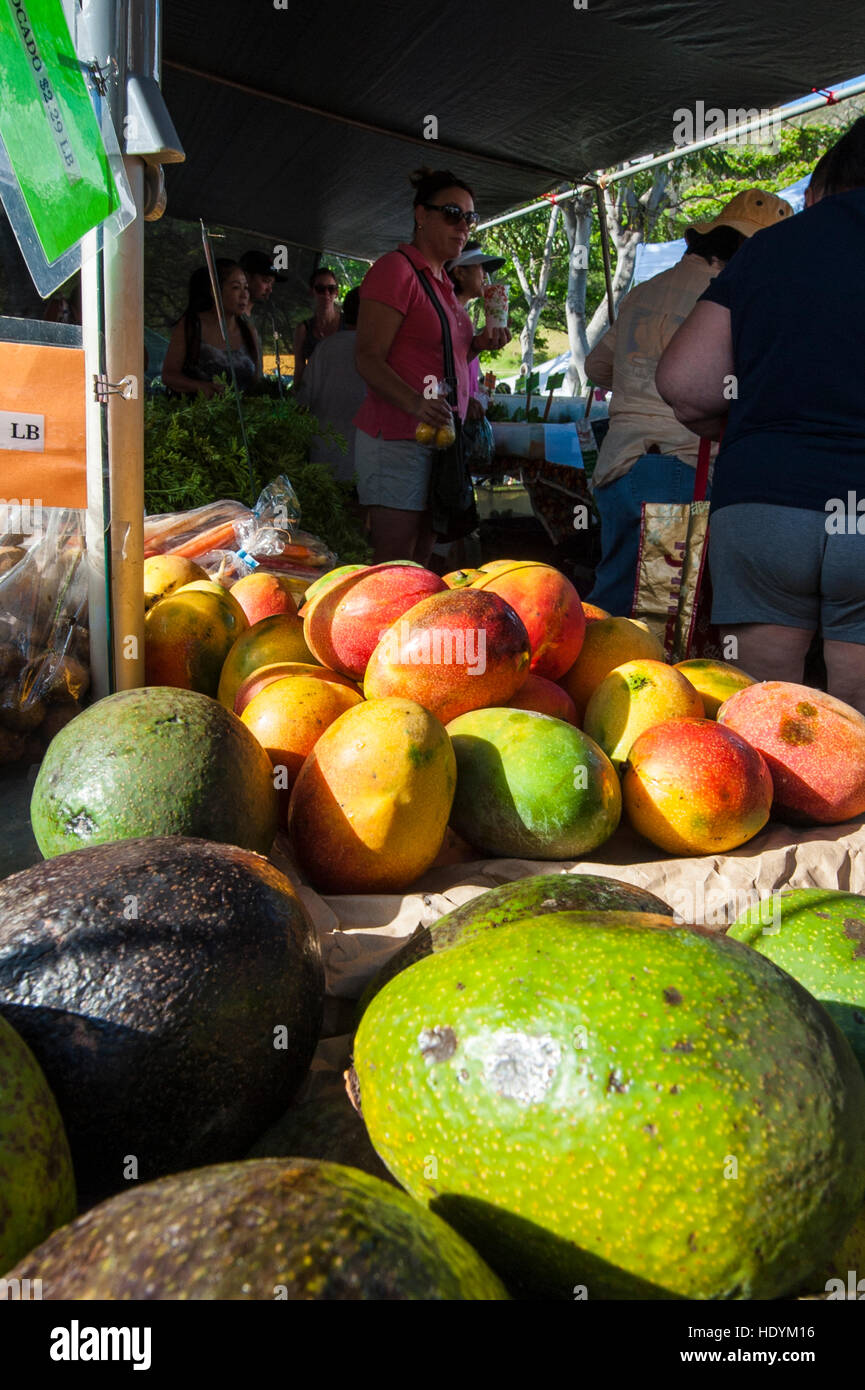 Freschi di mango e avocado al sabato mercato agricolo, Honolulu Oahu, Hawaii. Foto Stock
