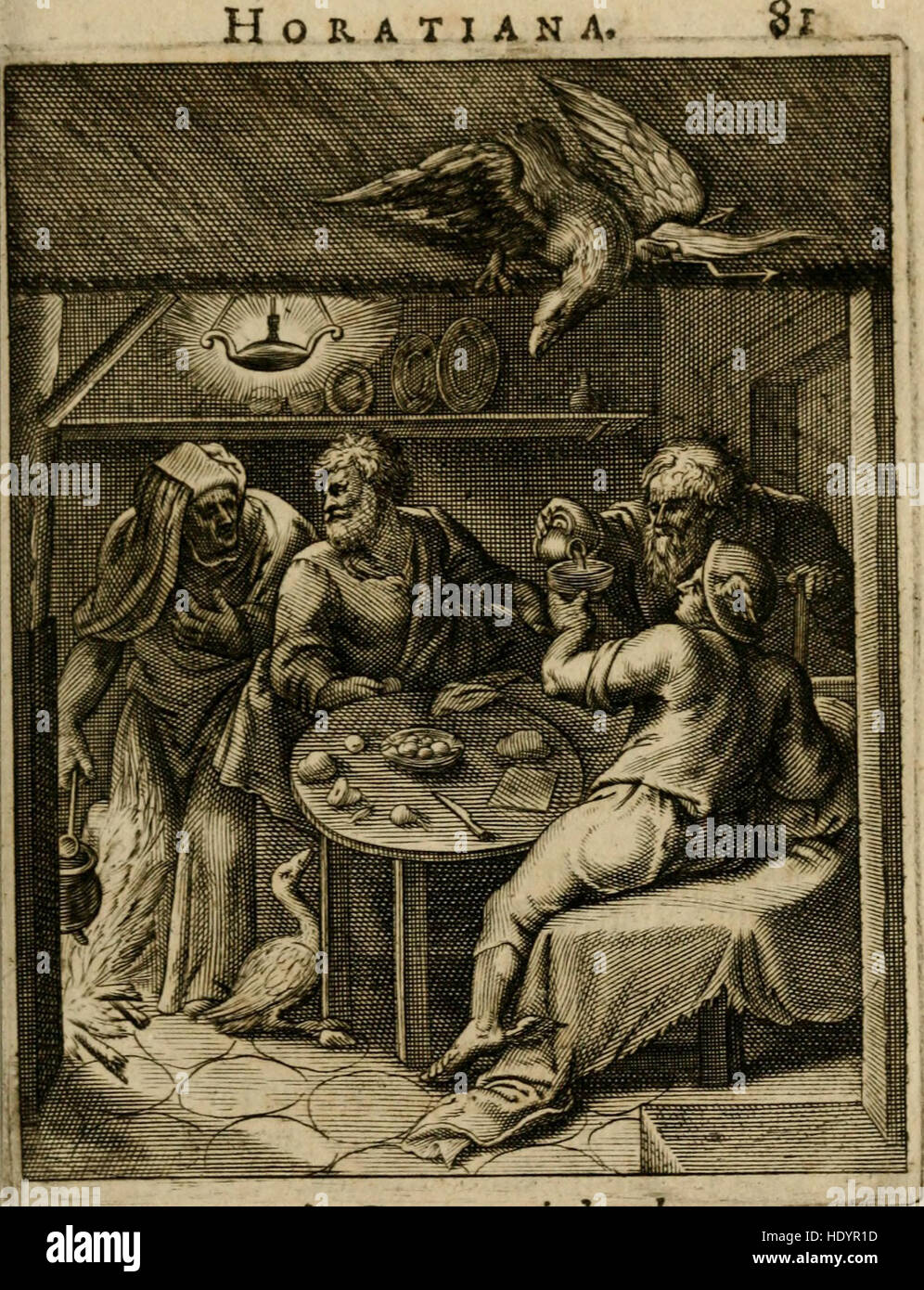 Questo libro di emblemi del 1684, "Othonis VaenI Emblemata Horatiana", presenta illustrazioni incise e poesie latine, tedesche, francesi e olandesi, combinando l'arte visiva con la letteratura classica. Foto Stock