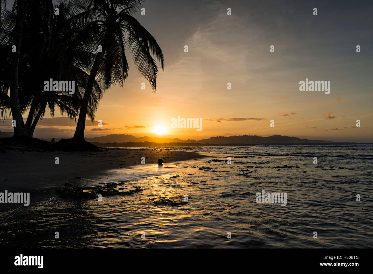 Vista di una spiaggia con palme al tramonto in Puerto Viejo de Talamanca, Costa Rica, America centrale; concetto per un viaggio in Costa Rica Foto Stock