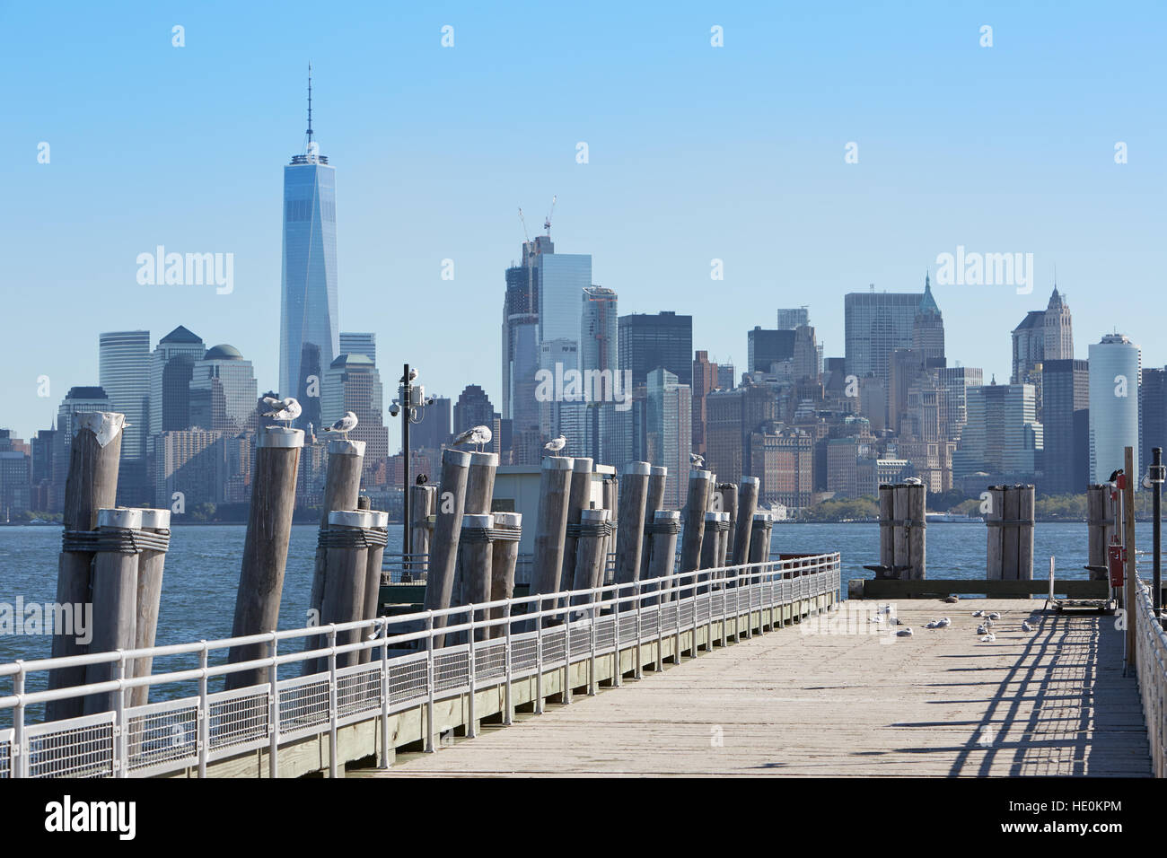 New York skyline della città e il molo con i gabbiani in una giornata di sole Foto Stock