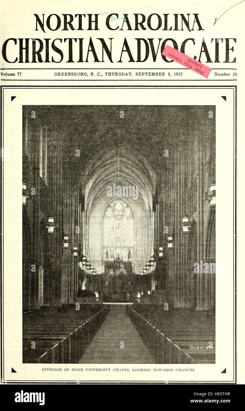 Il "North Carolina Christian Advocate" (1894) è un periodico religioso che fornisce articoli, sermoni e commenti religiosi per la comunità metodista della Carolina del Nord durante la fine del XIX secolo. Foto Stock