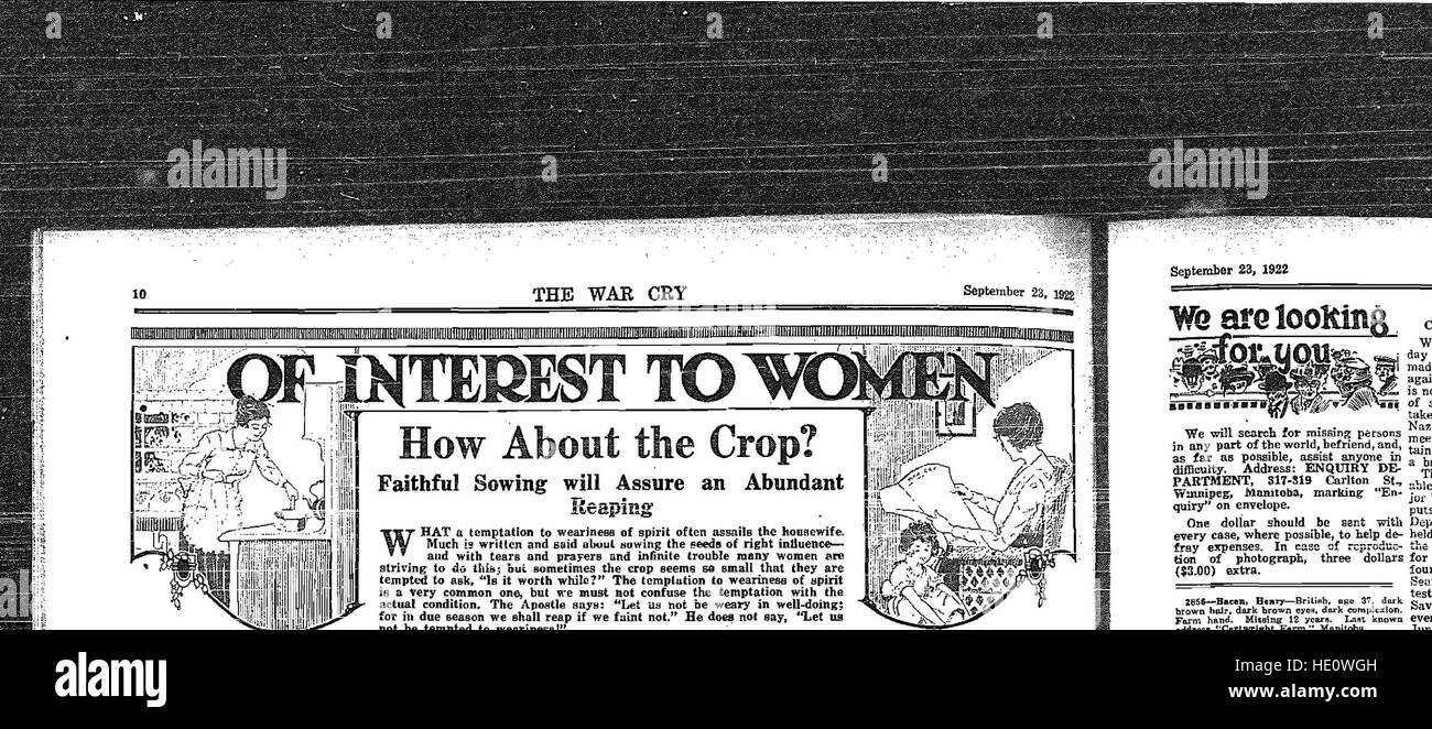 The War Cry, pubblicato nel 1922, è un periodico incentrato sulle questioni sociali, la religione e la difesa morale, spesso mettendo in evidenza il lavoro dell'Esercito della salvezza nelle comunità, offrendo una guida sul benessere personale e sociale. Foto Stock