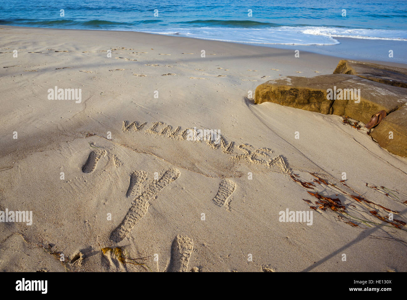 La parola "Windansea' scritto nella sabbia. Windansea Beach, La Jolla, California. Foto Stock