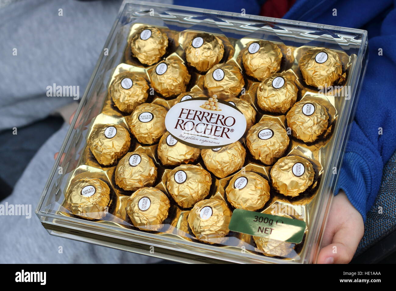 Ferrero Rocher cioccolatini in una scatola trasparente Foto Stock