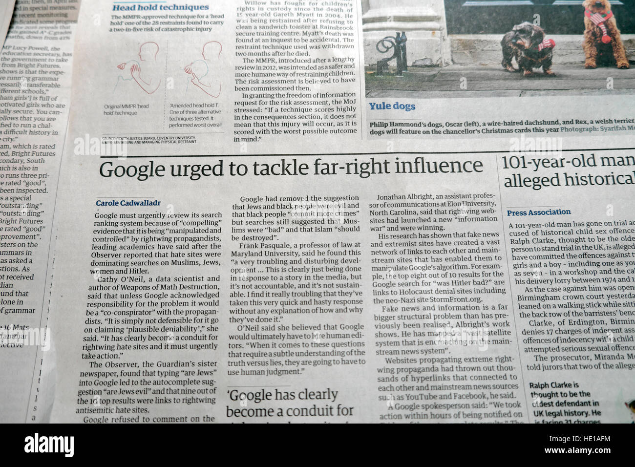 "Google ha esortato ad affrontare l'influenza dell'estrema destra" articolo del quotidiano Guardian London England UK Foto Stock