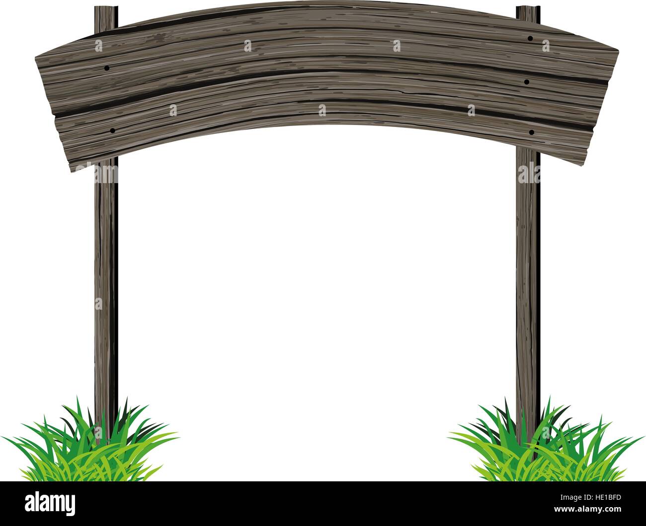 Il vecchio asse di legno orizzontale segno vuoto su due poli in stile grunge e erba verde isolato su sfondo bianco. Illustrazione Vettoriale