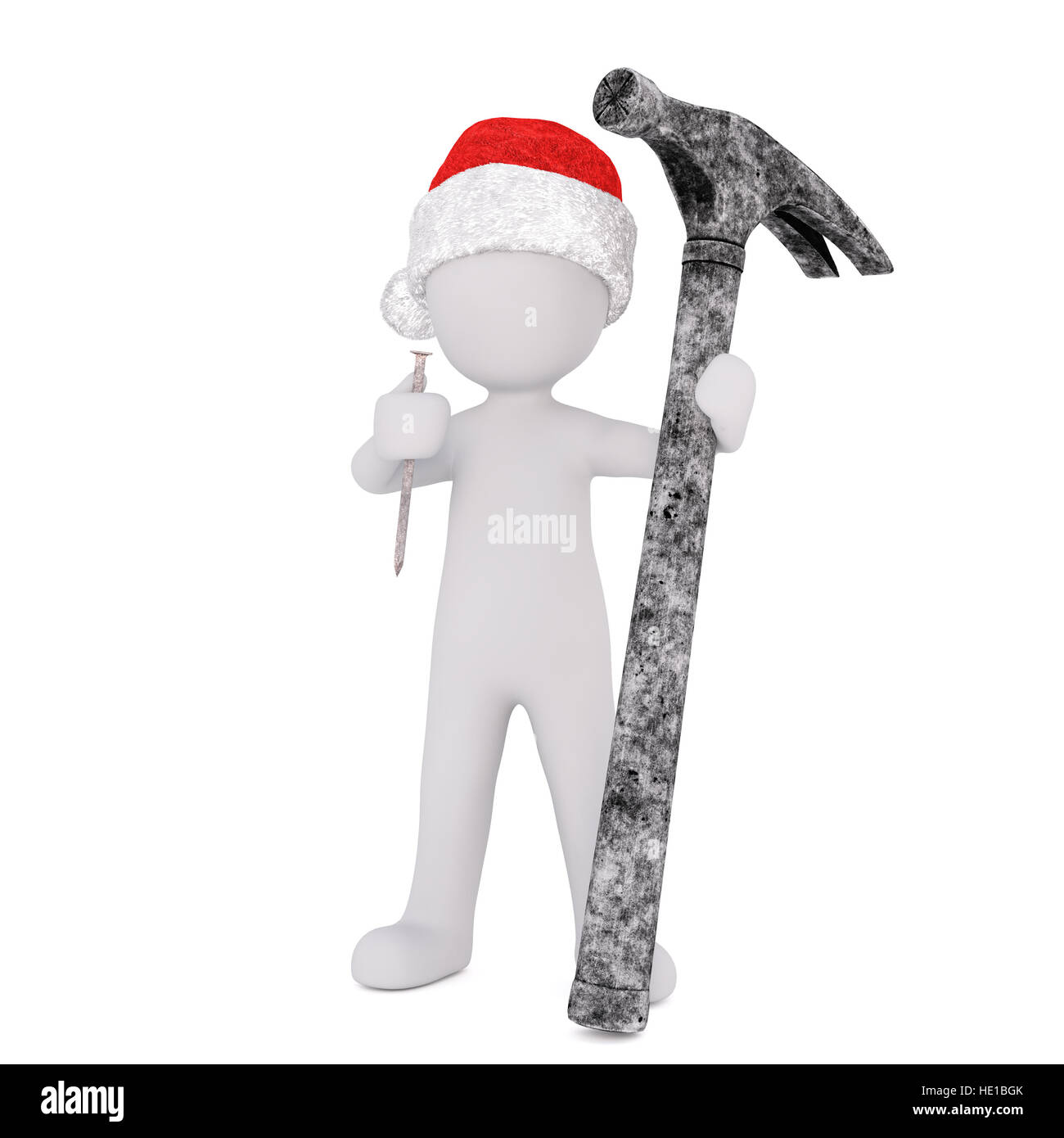 Carino piccolo 3d uomo in un rosso Santa hat con un grande martello e un chiodo in un concetto di DIY rinnovamenti, isolato 3d reso illustrazione su bianco Foto Stock