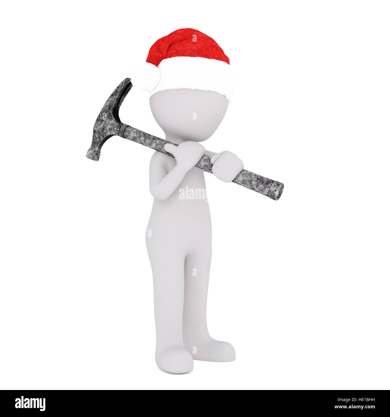 Poco 3d builder o carpenter indossando una festa di Santa Red Hat in piedi con un martello sulla sua spalla, isolato rendering 3d'illustrazione del fumetto su Foto Stock