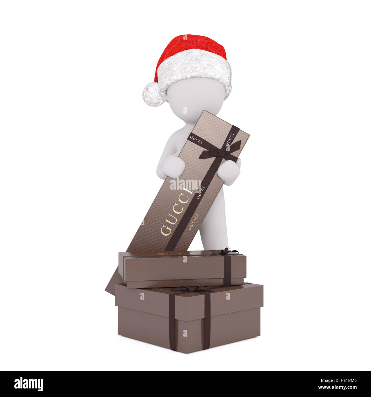 3d uomo in piedi con un mucchio di lusso Gucci doni in un rosso Santa hat