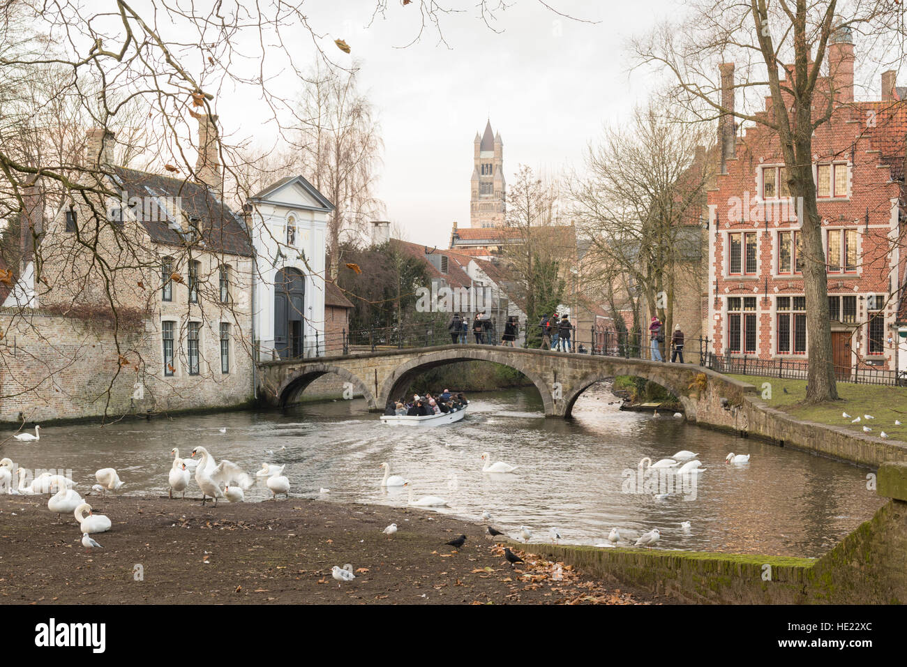 Lago Minnewater e a ponte di ingresso per il Begjinhof, Bruges, Belgio Foto Stock