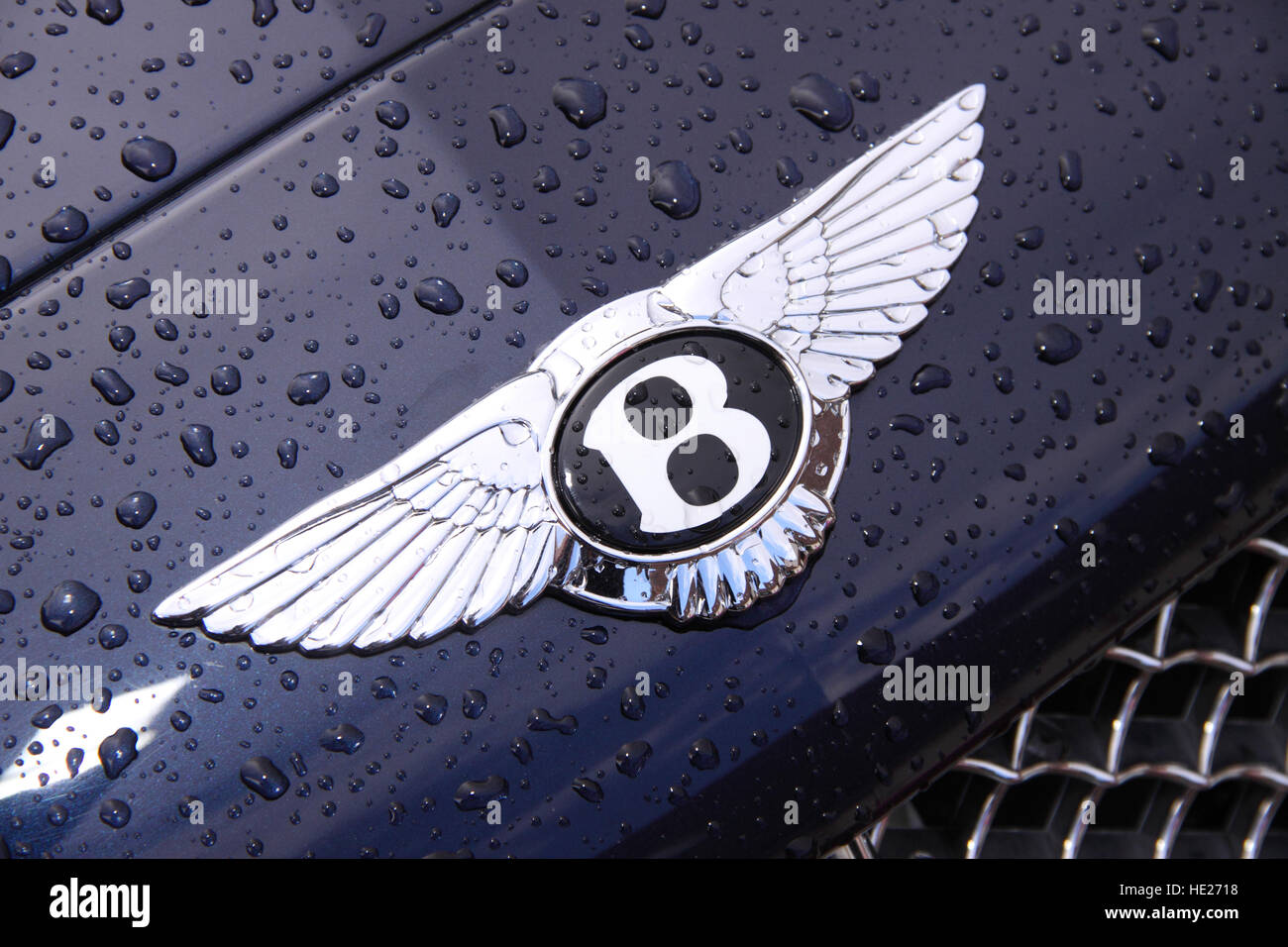 Bentley logo sul cofano del motore di un auto blu sotto la pioggia Foto Stock