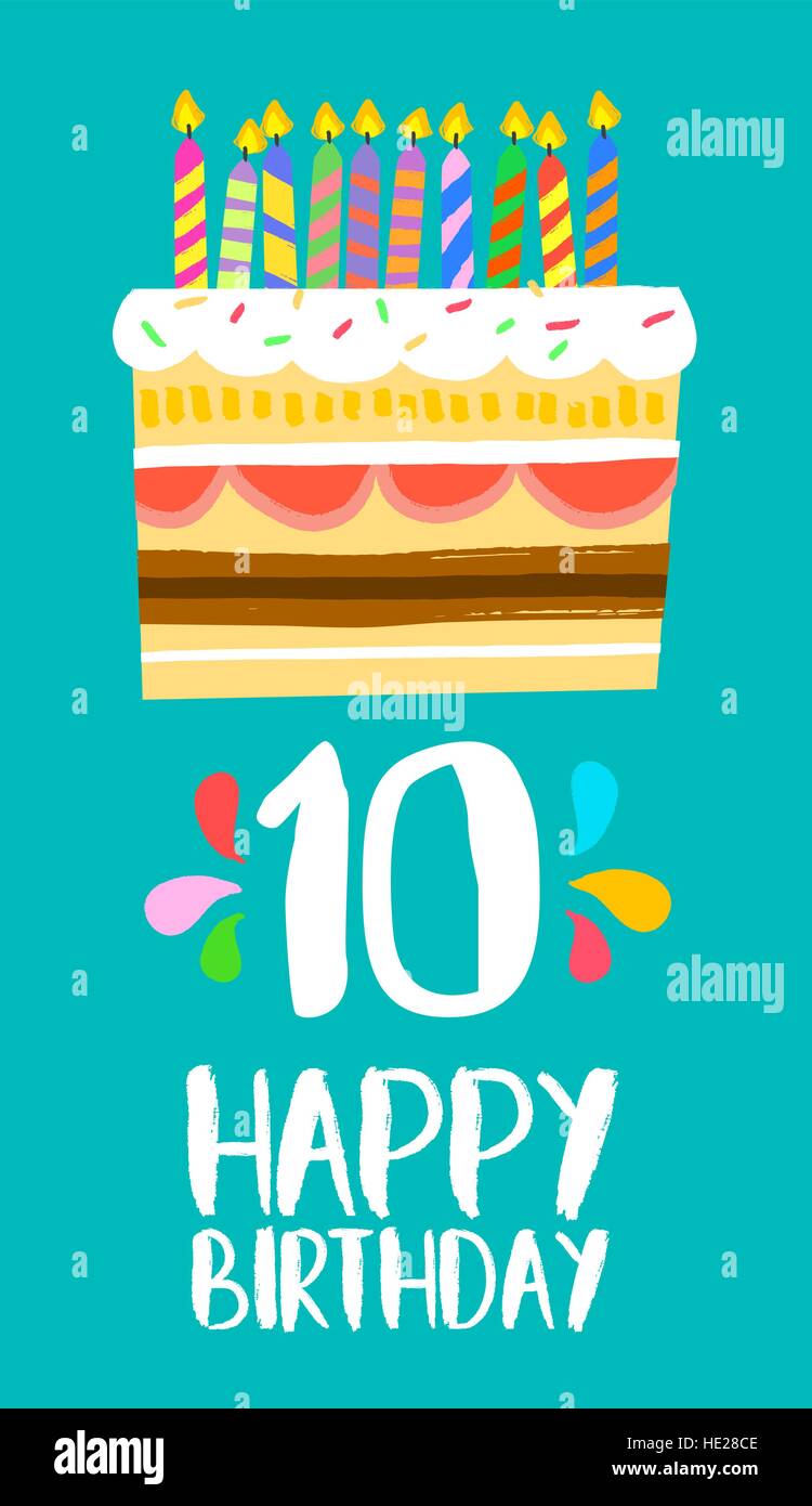 Buon compleanno numero 10, biglietto di auguri per dieci anni in divertimento stile arte con torta e candele. Anniversario invito, congratulazioni o celebrazione Illustrazione Vettoriale