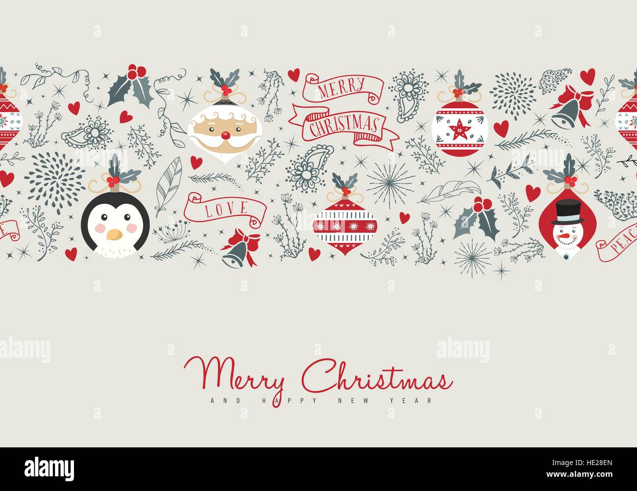 Merry Christmas illustration design, carino retrò disegnati a mano composizione di stile con elementi decorativi. Include ornamenti vintage, santa claus Illustrazione Vettoriale