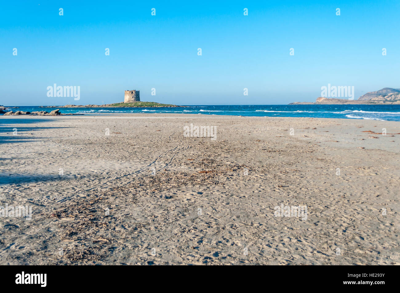 Stintino spiaggia de la pelosa in una soleggiata giornata di vento di inverno, Sardegna Foto Stock