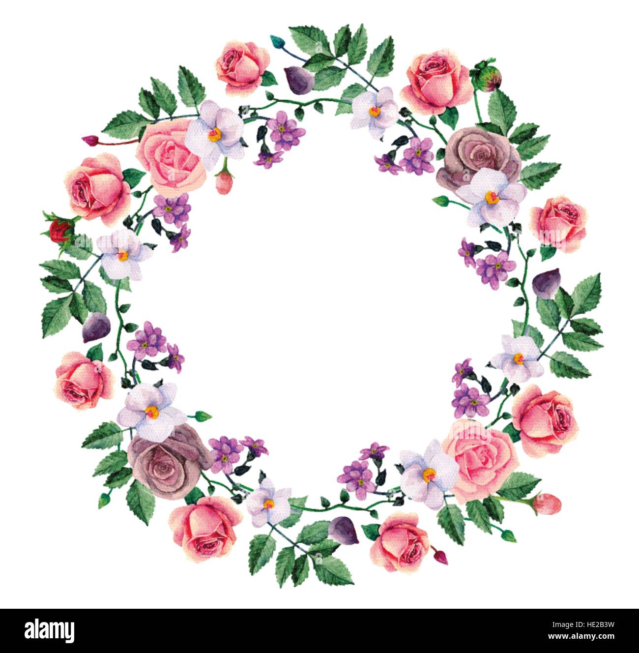 Acquerello corona di rose rosa. Dipinto a mano fiori. Cornice floreale di clip-art vettoriali Illustrazione Vettoriale