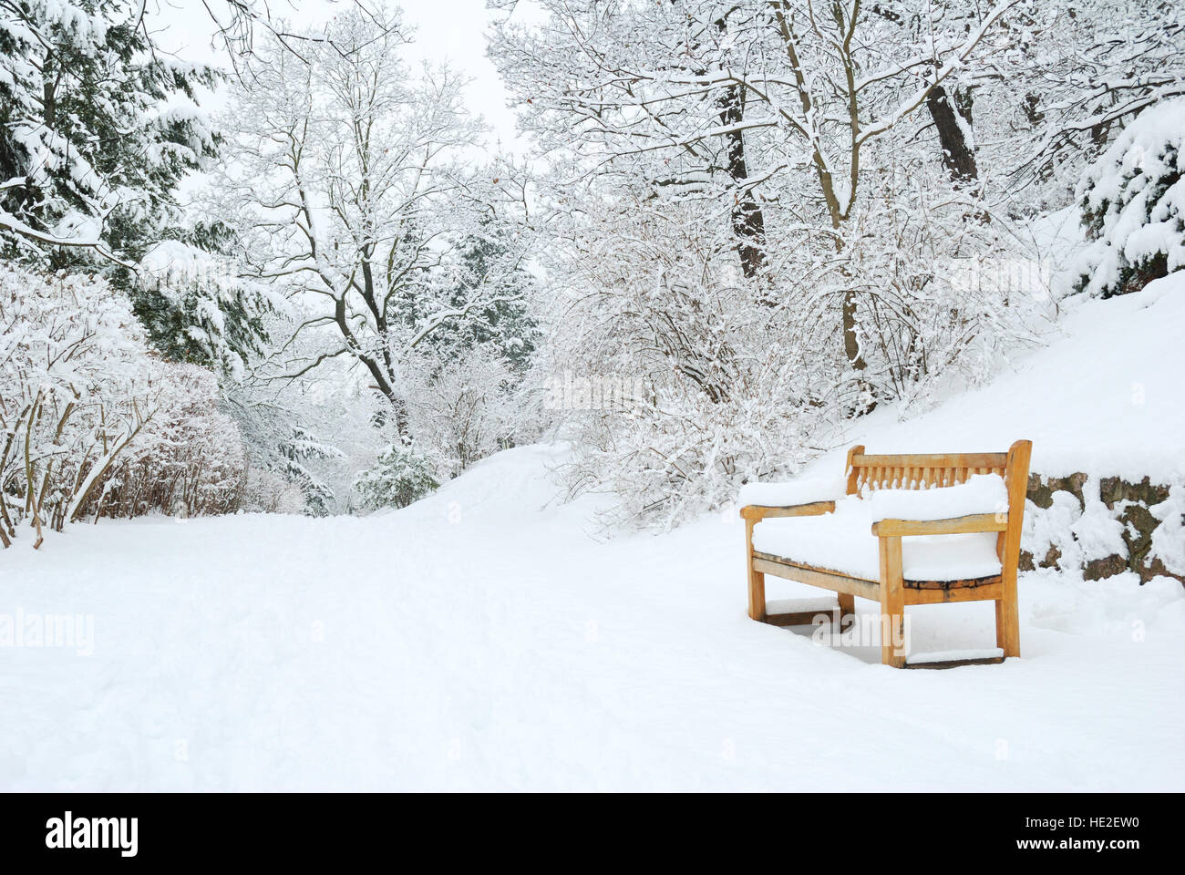 Una panchina nel parco e gli alberi coperti di neve pesante Foto Stock