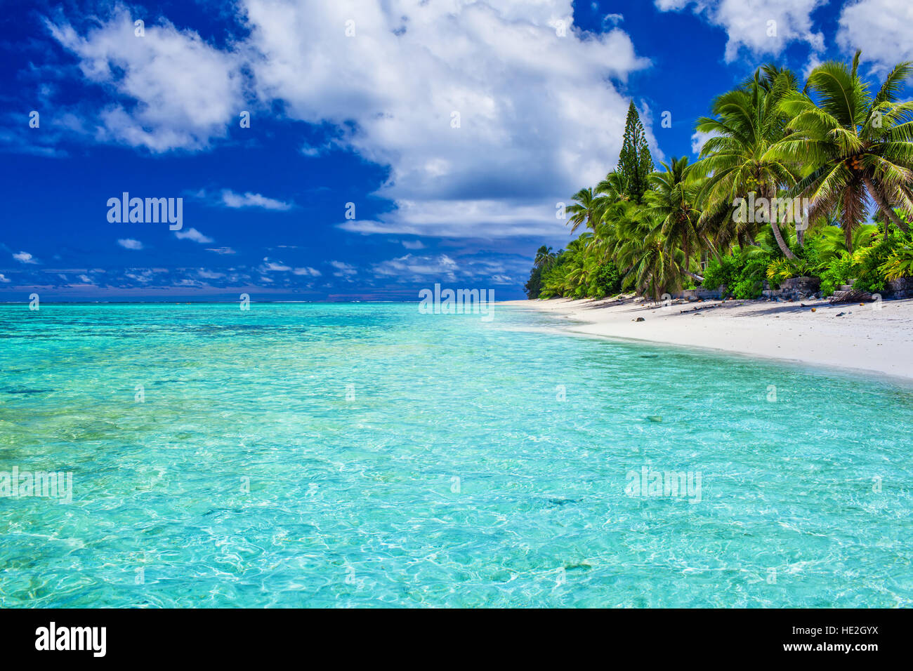 Splendida spiaggia con sabbia bianca e palme a Rarotonga Isole Cook Foto Stock