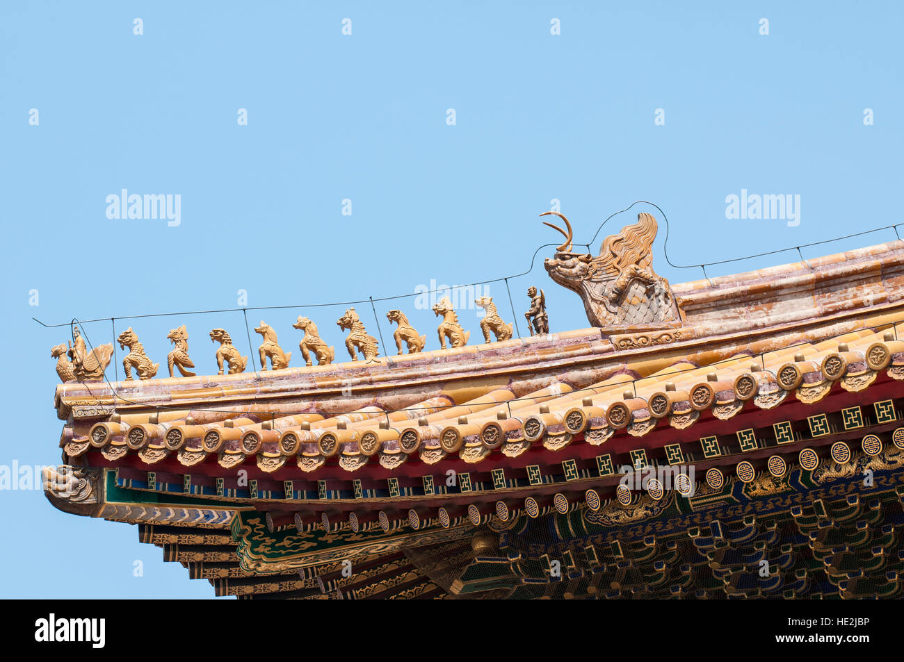 Drago dettagli del tetto sulla sala della suprema armonia Città Proibita di Pechino in Cina. Foto Stock