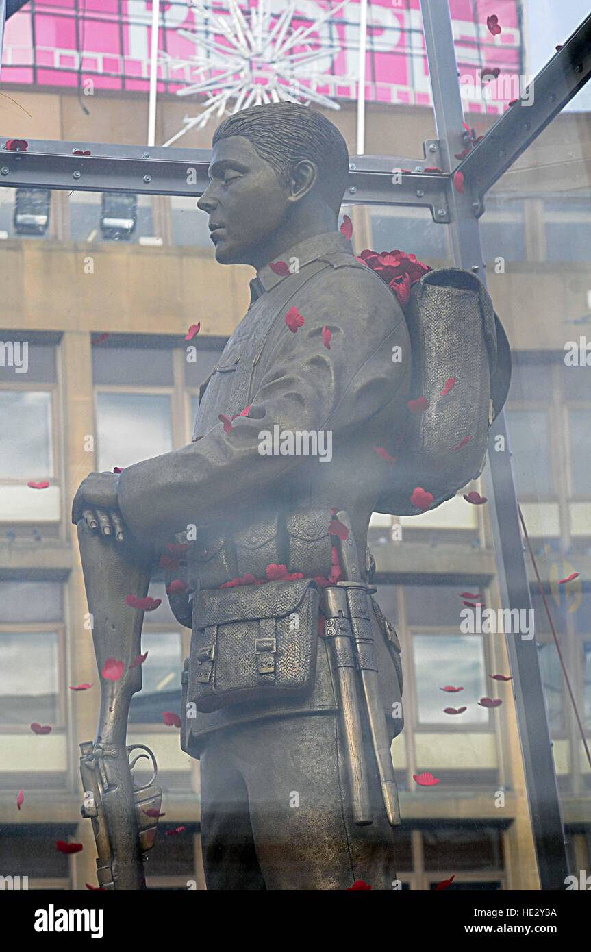 Una scultura dalla Prima Guerra Mondiale è stata svelata in Glasgow come parte della Scozia di appello di papavero. Il piede 23 viaggia statua, "Ogni uomo ricordato' illustra la figura del soldato sconosciuto in ottone in piedi su un blocco di calcare da vicino il fiume somme, il sito di una delle guerre più sanguinose di battaglie. La scultura è racchiusi in vetro con centinaia di papaveri galleggiando intorno. È la prima volta che la statua è stata svelata in Scozia, avendo già andato in mostra a Londra e Cardiff. Progettato da artista Mark Humphrey, la grafica è parte di un quattro anni di campagna finalizzata a0 Foto Stock