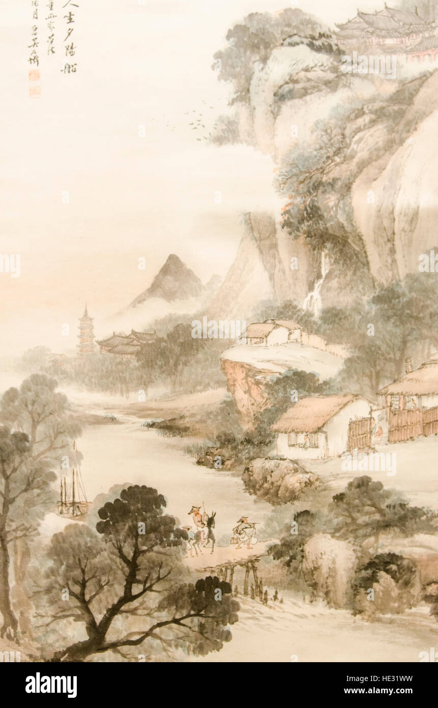 Antica appendere la pittura di scorrimento illustrazione mostra presso il Museo di Shanghai, Shanghai, Cina. Foto Stock