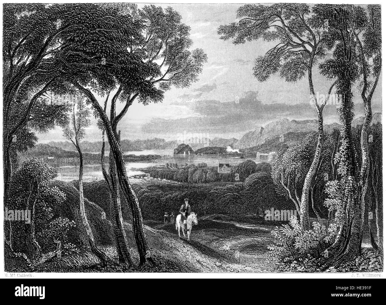Il Clyde con Dunbarton (Dumbarton) Castello in lontananza (dalla collina sopra Old Kilpatrick) scansionato ad alta risoluzione da un libro di 1859. Foto Stock