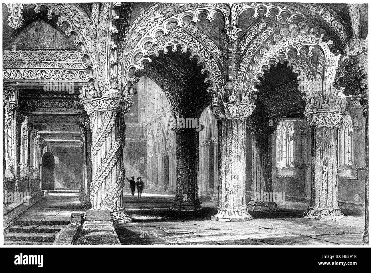 Un'incisione dell'interno della Roslyn Chapel Mid Lothian scansionata ad alta risoluzione da un libro stampato nel 1859. Ritenuto privo di copyright. Foto Stock
