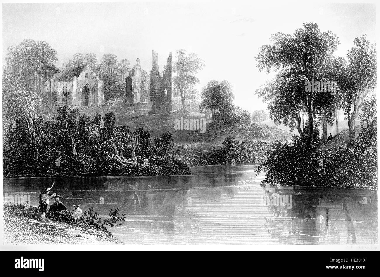 Una incisione di Lincluden Abbey (Collegiata Priory o College) scansionati ad alta risoluzione da un libro stampato nel 1859. Ritiene copyright free. Foto Stock