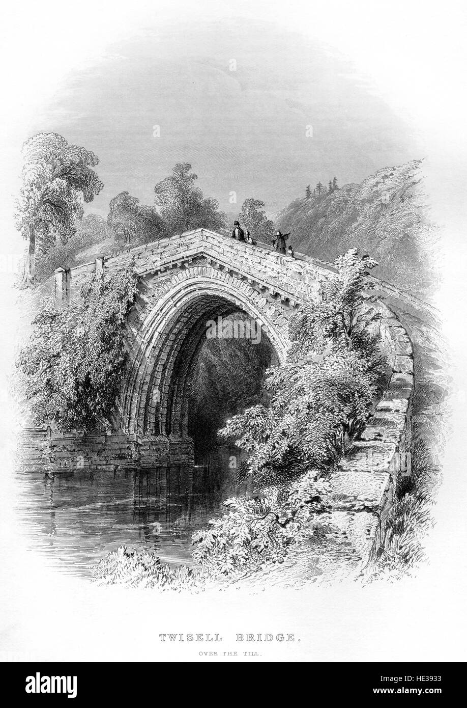 Un'incisione del ponte Twisell (Twizel) sulla cassa, attraversata dagli inglesi prima della battaglia di Flodden da un libro del 1859. Believd senza copyright Foto Stock