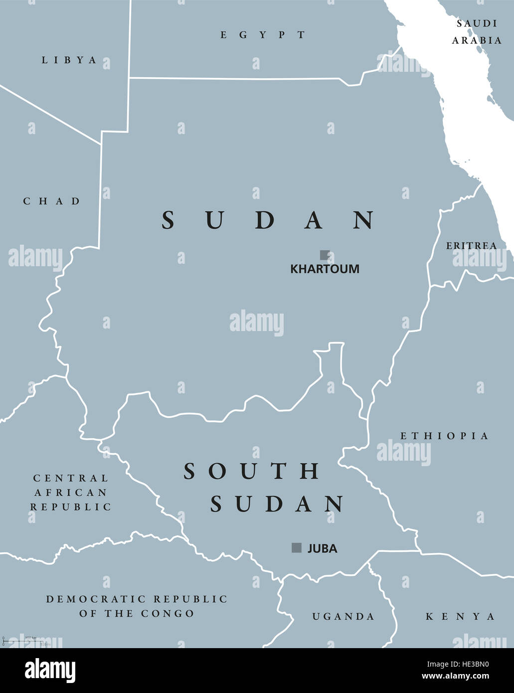 Sudan e Sud Sudan mappa politico con capitelli a Khartoum e Juba. Due repubbliche in Africa orientale, con i confini nazionali. Foto Stock