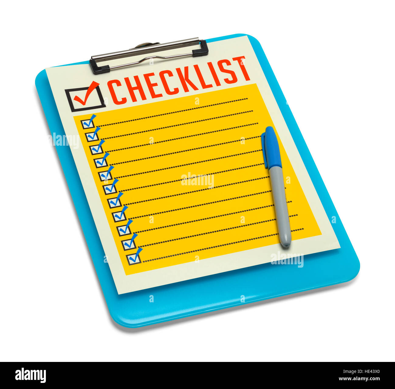 Appunti blu con retro Checklist isolati su sfondo bianco. Foto Stock
