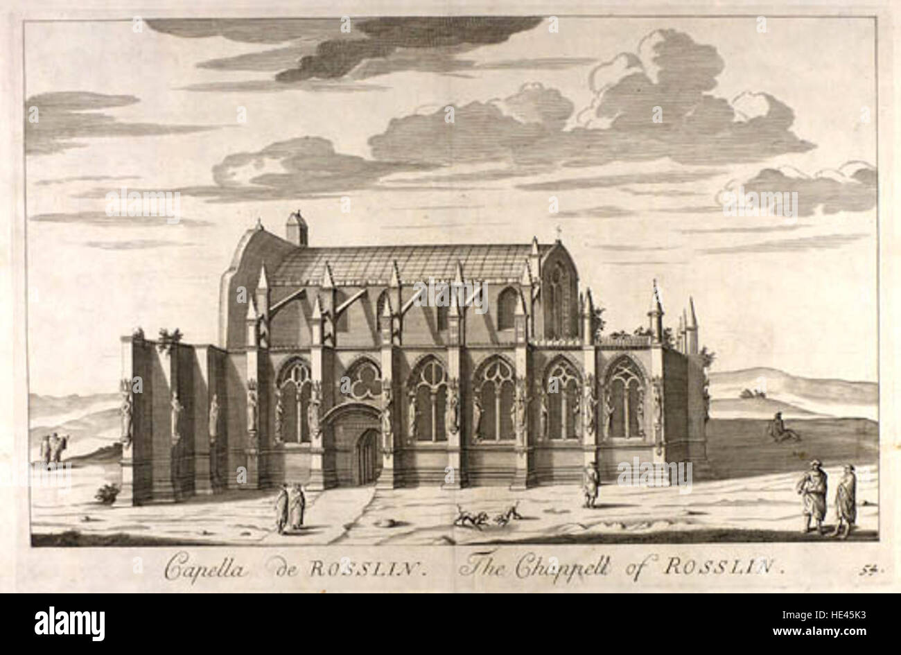 La Rosslyn Chapel, notoriamente raffigurata nel disegno del XVII secolo di John Slezer, rimane un simbolo della storia e dell'architettura scozzesi. L'immagine di Slezer cattura il caratteristico stile gotico della cappella e il suo significato culturale nel Midlothian, in Scozia. Foto Stock