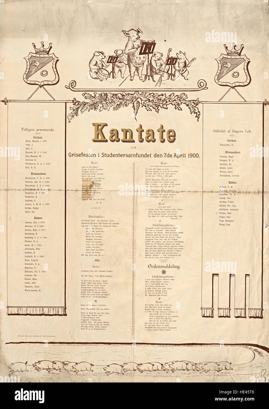 Questo poster storico commemora la "Kantate ved Grisefesten" (cantata al Partito dei maiali) tenutasi allo Studentersamfundet in Norvegia il 7 aprile 1900. L'evento è stato un significativo raduno culturale, celebrato attraverso la musica e la festività. Foto Stock