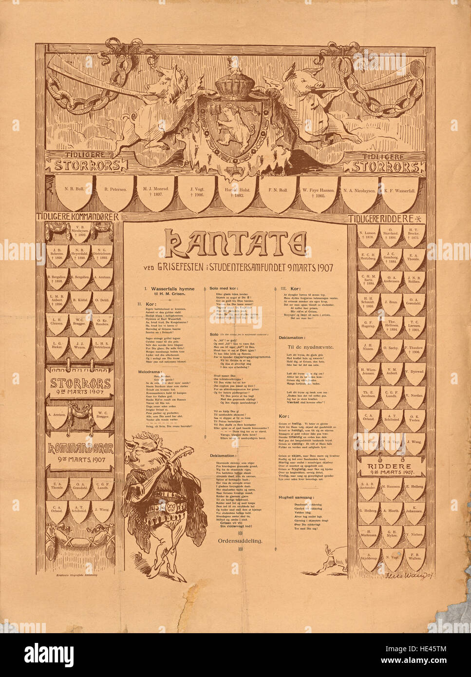Questo poster storico del 9 marzo 1907 raffigura una cantata al "Grisefest" (festa dei maiali) nello Studentersamfundet, la società studentesca in Norvegia. L'evento è stato un'importante occasione sociale per gli studenti, caratterizzata da musica e festeggiamenti. Foto Stock