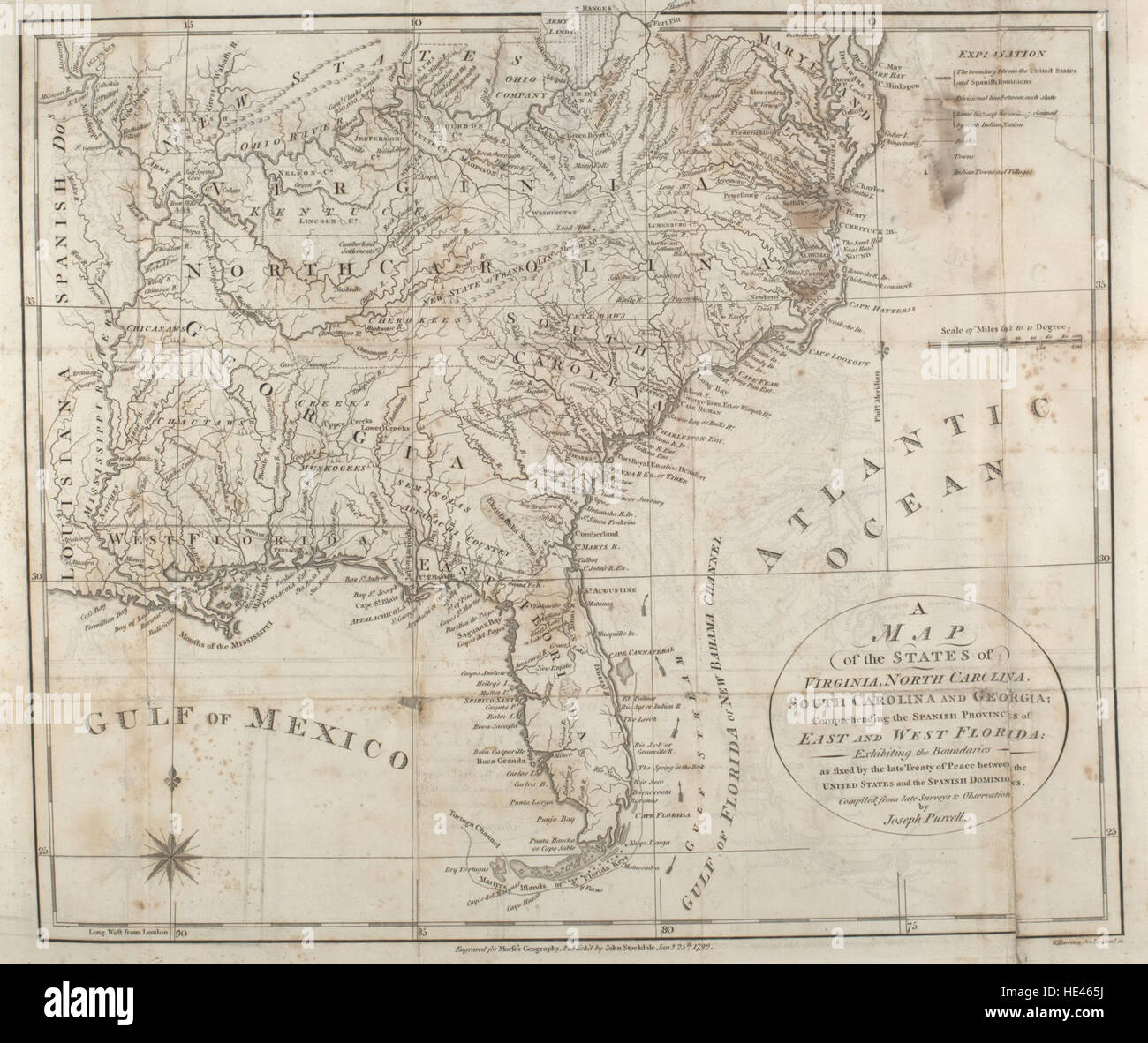 1792 mappa degli Stati della Virginia, Carolina del Nord, Sud Foto Stock