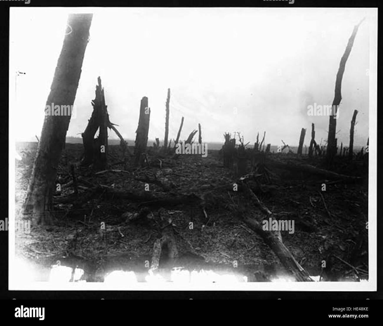 Una fotografia storica che ritrae le conseguenze di una corsa a strafing, illustrando l'impatto sull'area interessata. Foto Stock