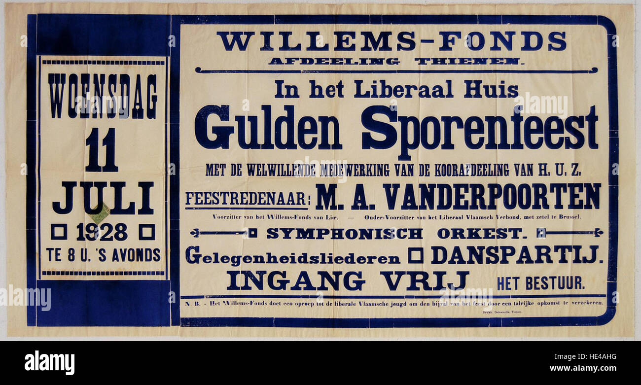 Un manifesto pubblicitario storico del 1928 per i Willemsfonds di Tienen, Belgio, che mostra le iniziative culturali ed educative promosse dall'organizzazione durante i primi anni del XX secolo. Foto Stock
