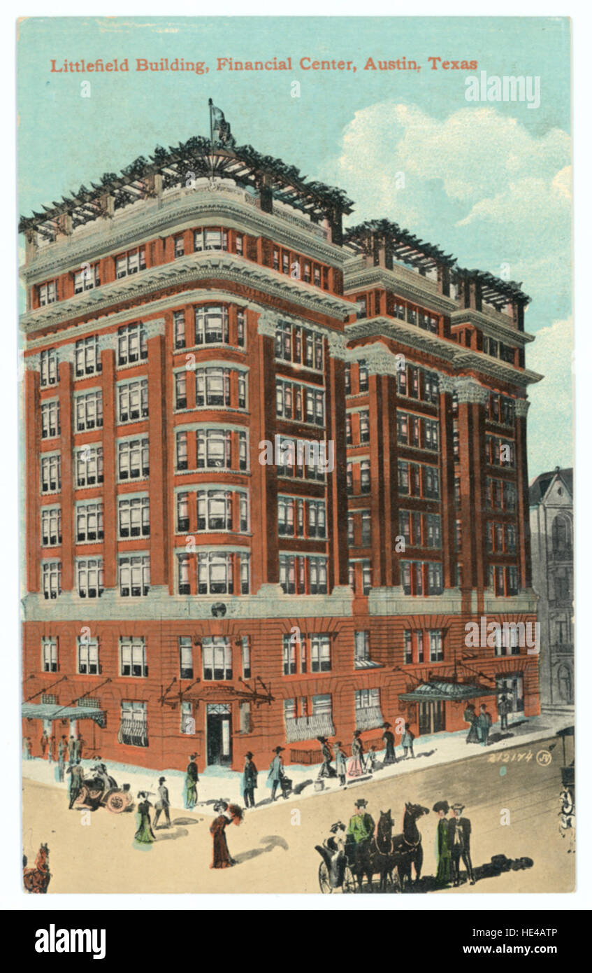 Questa fotografia cattura lo storico Littlefield Building, un punto di riferimento nel centro di Austin, Texas. L'architettura dell'edificio riflette lo stile degli inizi del XX secolo ed è una caratteristica importante nel quartiere finanziario della città. Foto Stock