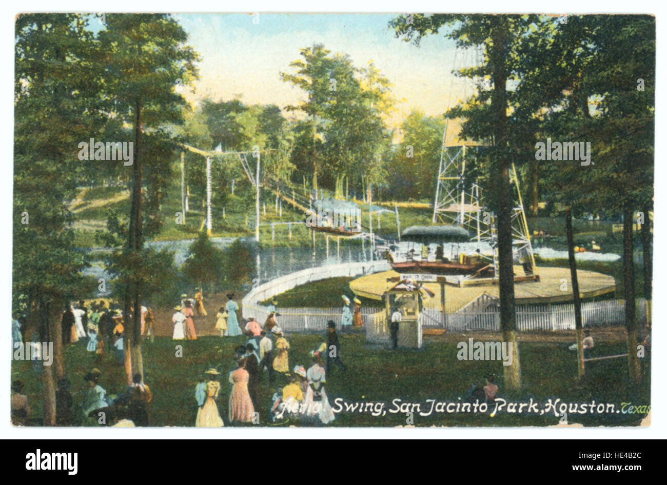 Un'immagine vintage del giro in funivia al San Jacinto Park di Houston, Texas, che cattura il giro di divertimento nel contesto di un parco all'inizio del XX secolo. Foto Stock