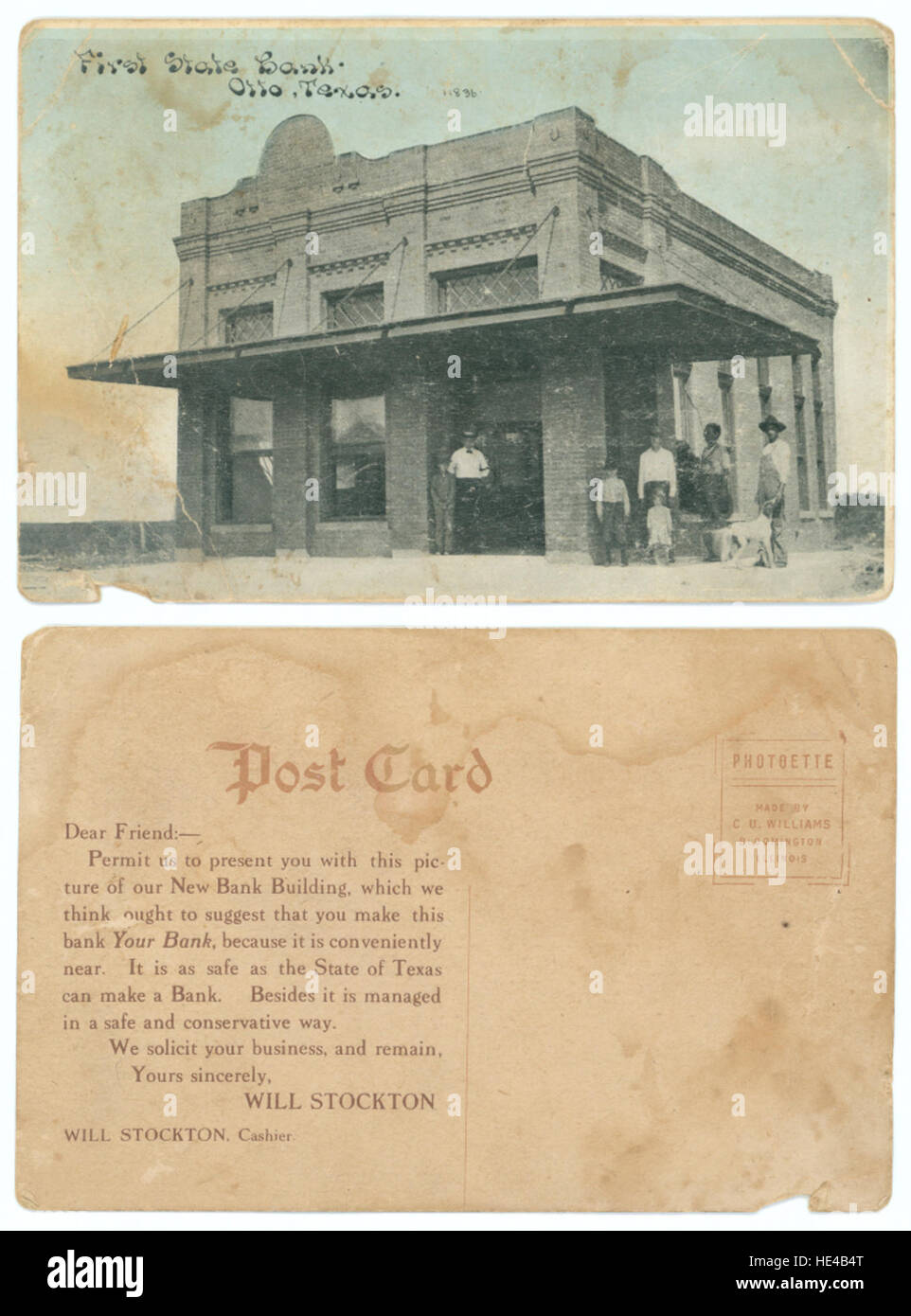 Questa immagine storica della First State Bank di otto, Texas, rappresenta la banca americana dei primi anni del XX secolo. La fotografia mostra l'architettura e il design di una piccola banca cittadina durante un periodo in cui le istituzioni bancarie erano parte integrante della crescita economica delle comunità rurali. Foto Stock