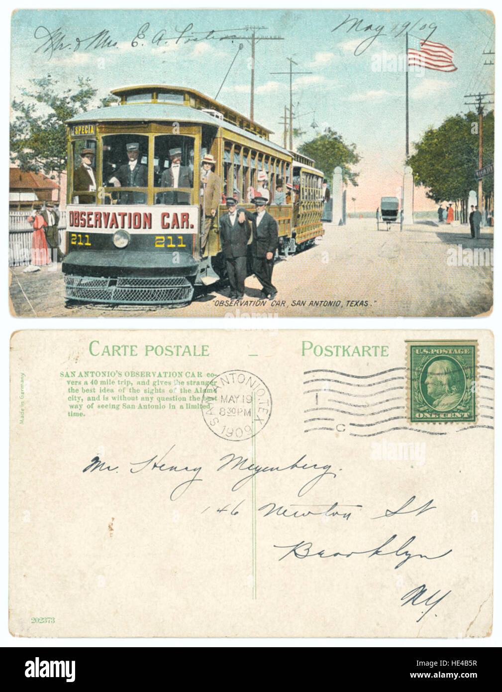 Una fotografia d'archivio che mostra un'auto di osservazione a San Antonio, Texas, che cattura i primi giorni delle ferrovie stradali. L'immagine offre uno sguardo sulla storia dei trasporti urbani, mostrando lo sviluppo del trasporto pubblico. Foto Stock