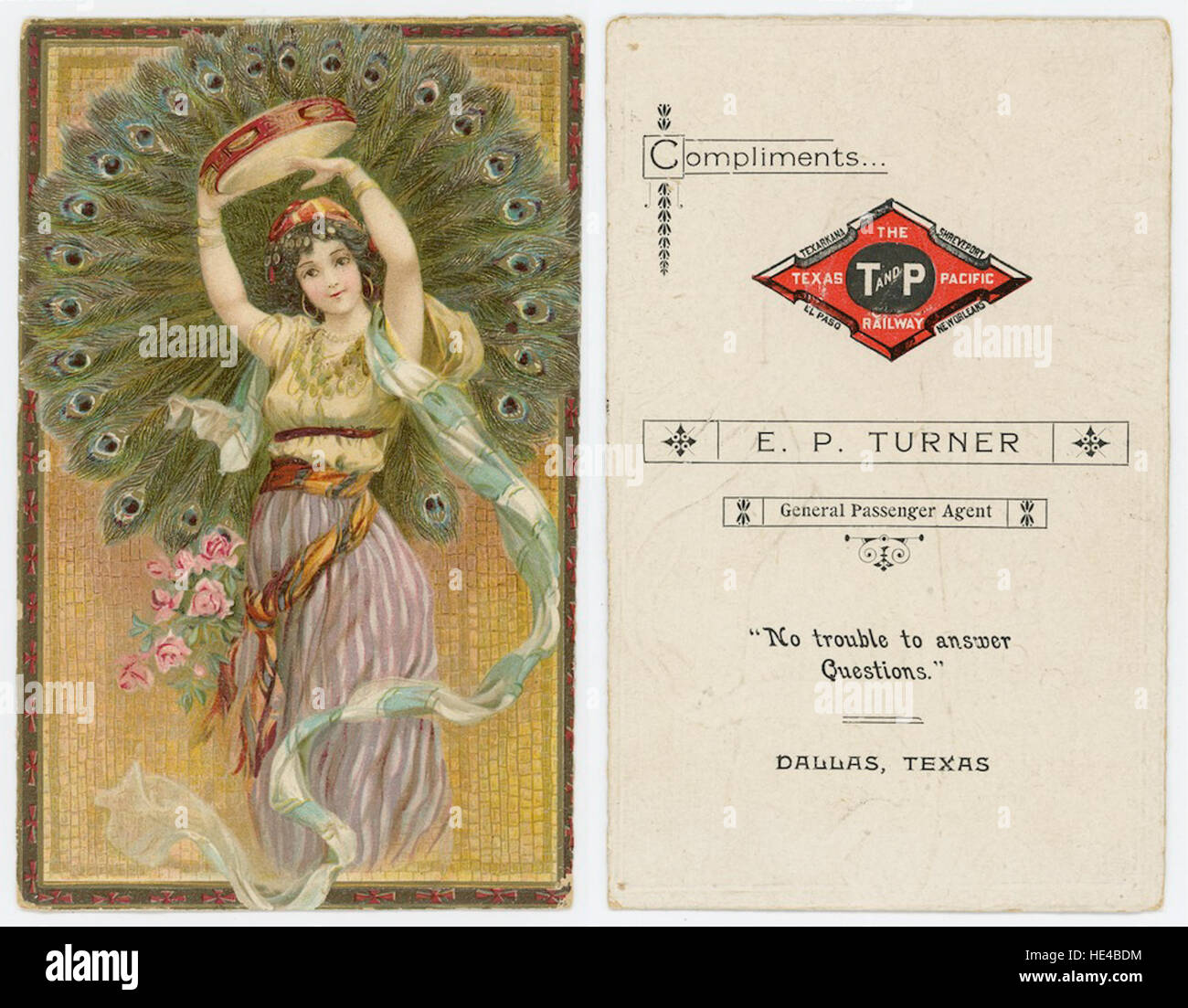 Questo annuncio pubblicitario per la Texas Pacific Railway presenta un'illustrazione a pavone, un simbolo dell'era passata delle ferrovie. La carta commerciale evidenzia il ruolo storico della ferrovia nel collegare le regioni e nel promuovere il commercio durante il XIX secolo. Foto Stock