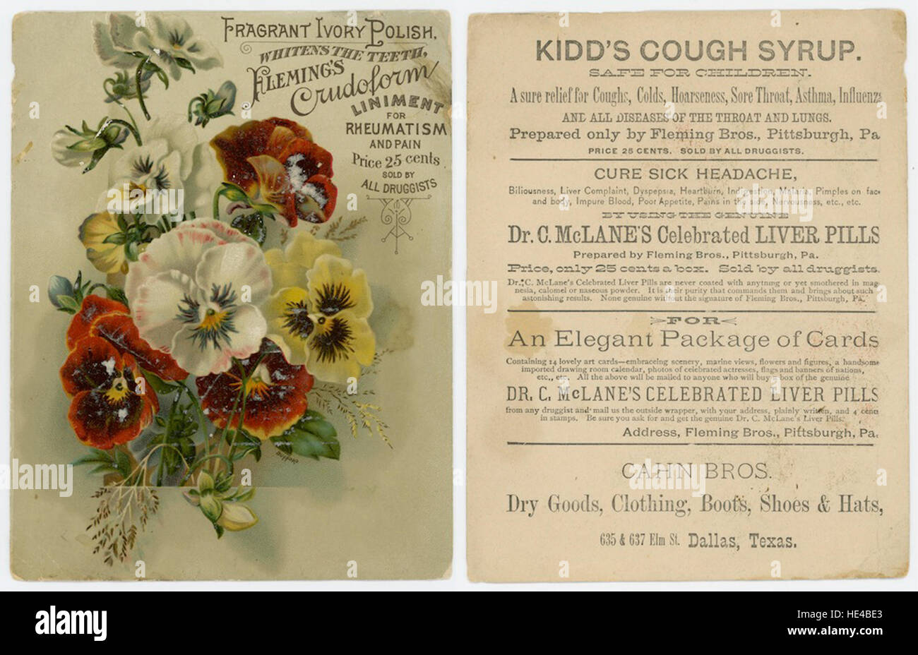 Questa immagine storica della pubblicità di Cahn Bros. Mostra negozi al dettaglio, abbigliamento, fiori e carte commerciali di un'epoca passata. L'immagine riflette la cultura del marketing e del consumatore del tempo, dando un'occhiata alle pratiche commerciali e pubblicitarie del passato. Foto Stock