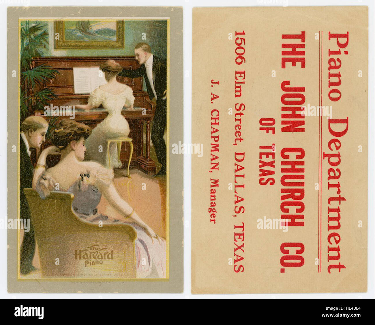 Questa pubblicità del passato promuove l'Harvard piano, uno strumento con un'eredità storica nel commercio della musica. La carta da commercio mette in risalto la sua maestria artigianale e reputazione. Foto Stock