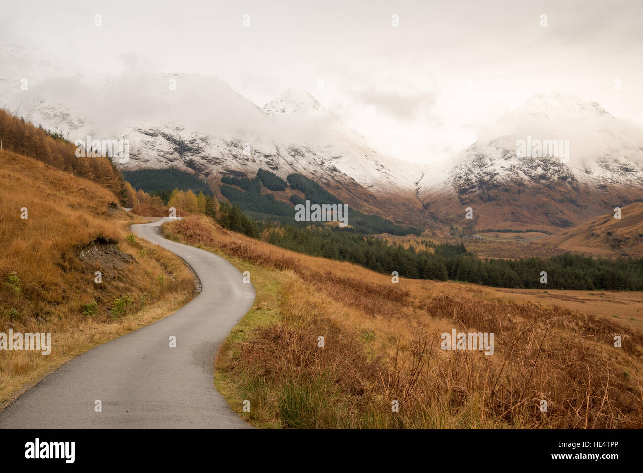 Via unica strada tortuosa passando attraverso Glen Etive, Scotland, Regno Unito Foto Stock