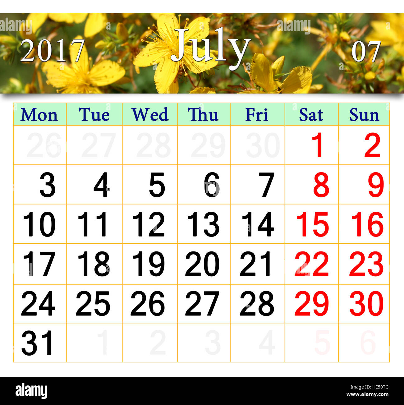 Calendario per il mese di luglio 2017 con fiori di colore giallo di  San-John's wort Foto stock - Alamy