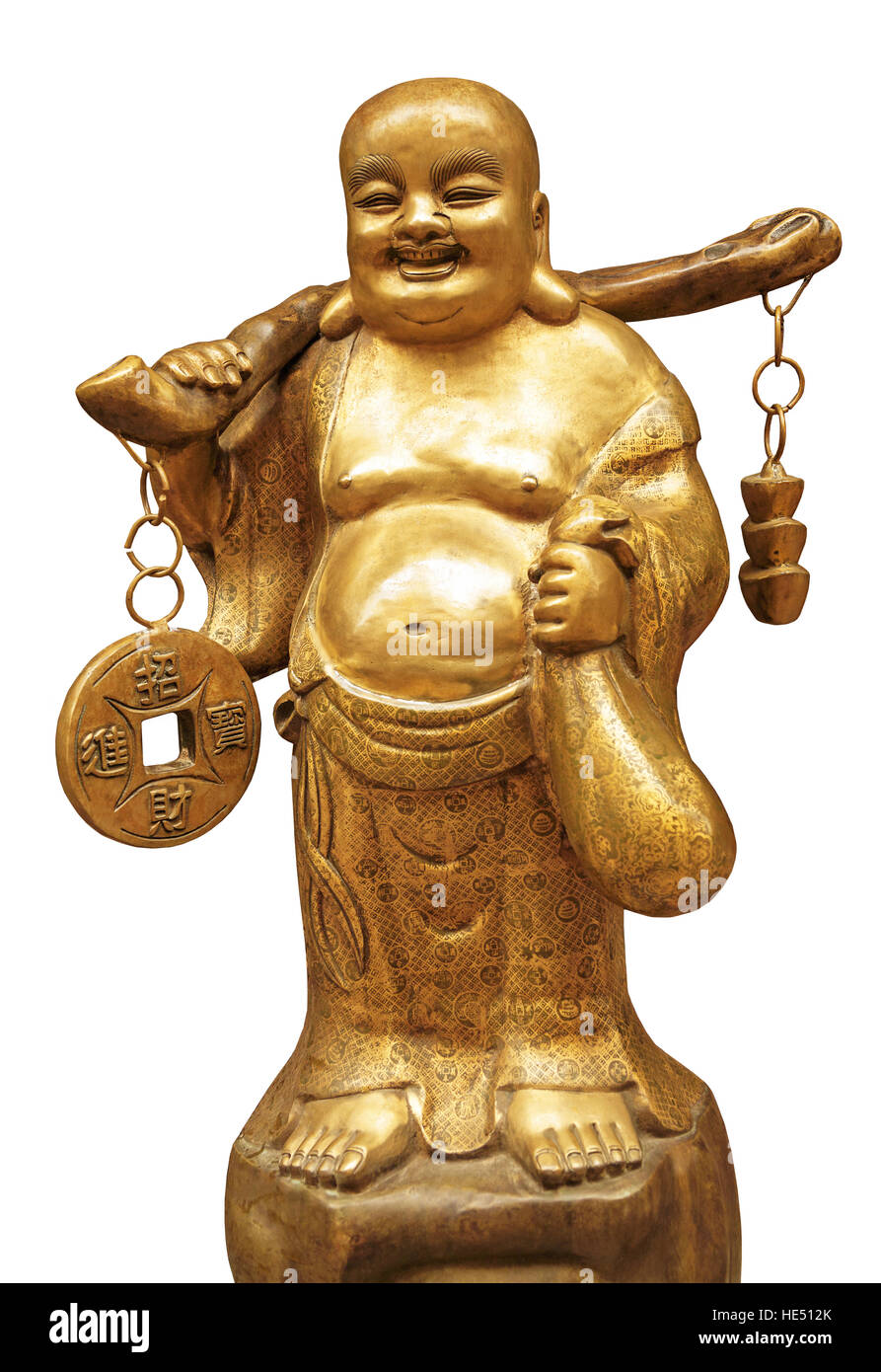 Golden statua del Buddha come un simbolo della ricchezza e del successo sullo sfondo bianco. Foto Stock