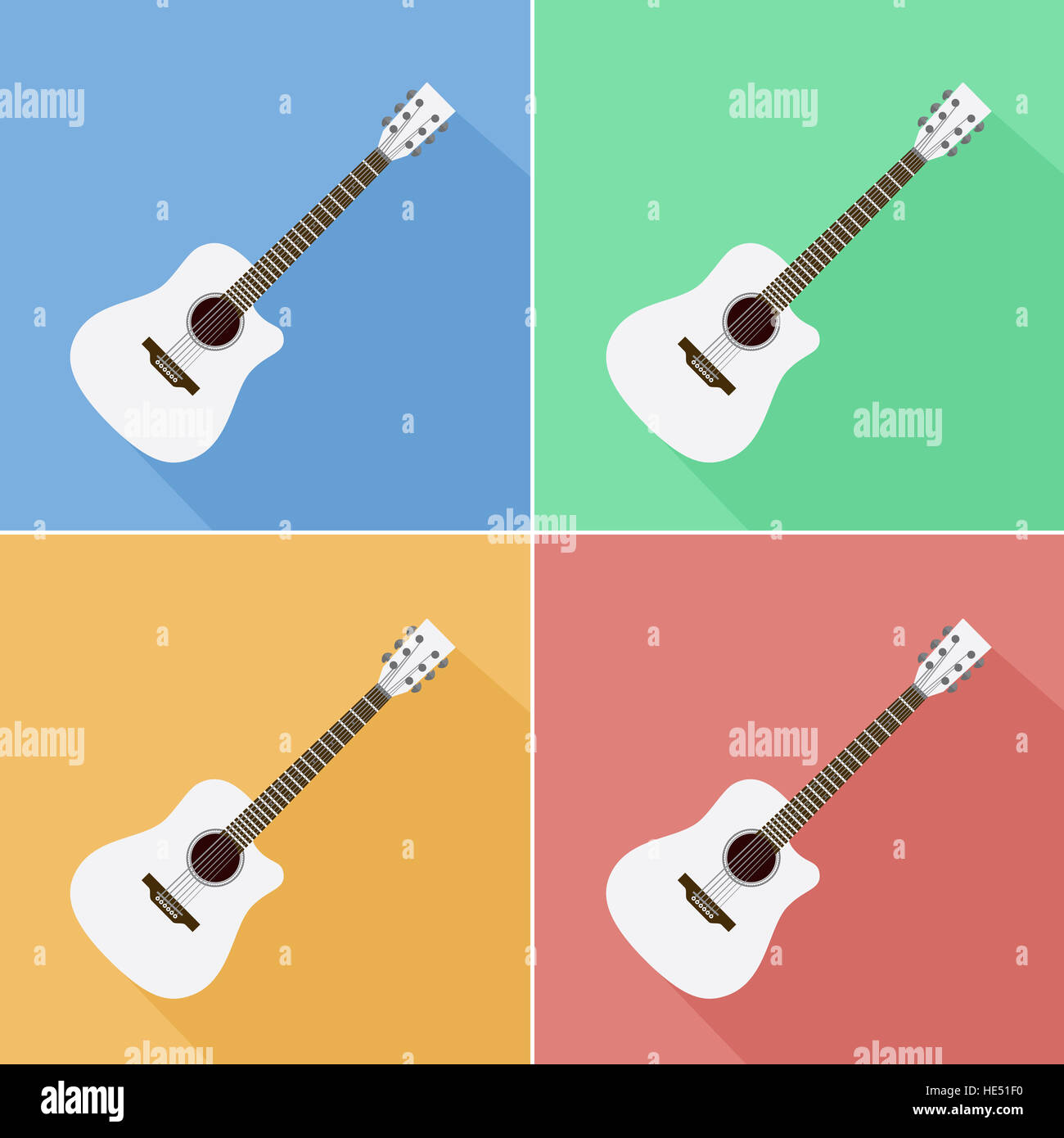 Piatto bianco chitarra acustica icone. Set di 4. Foto Stock