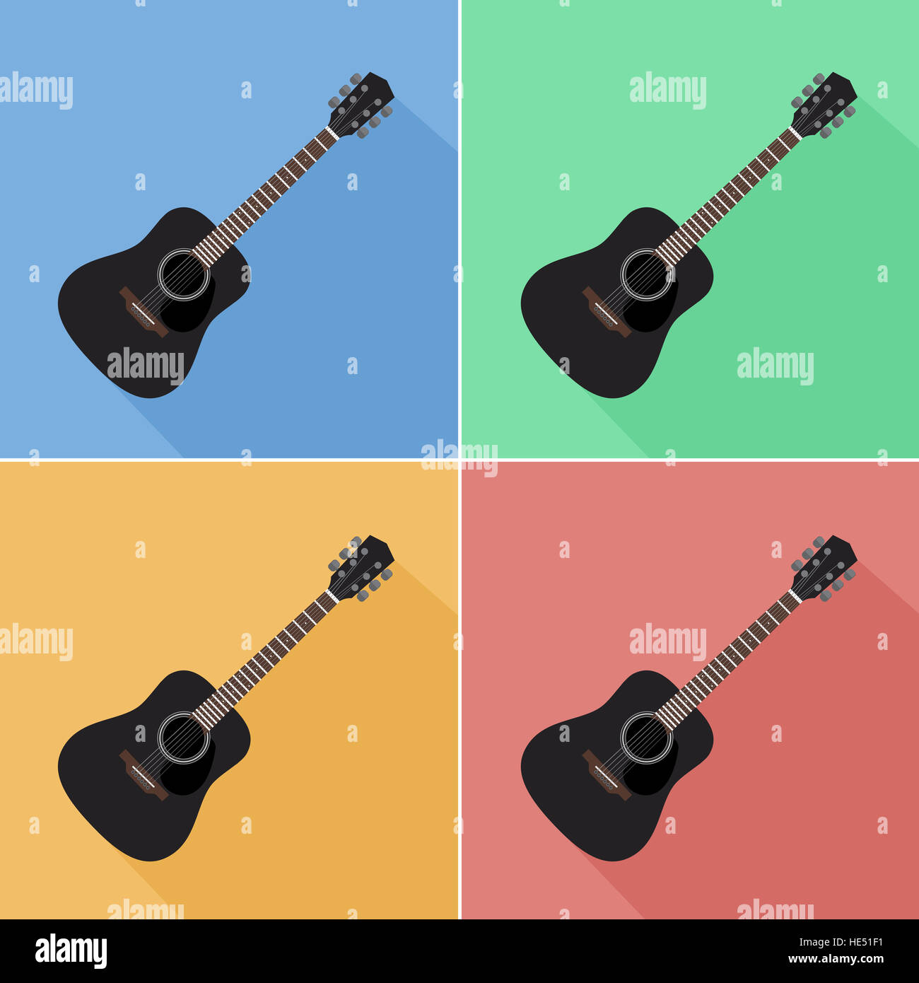 Piatto nero chitarra acustica icone. Set di 4. Foto Stock